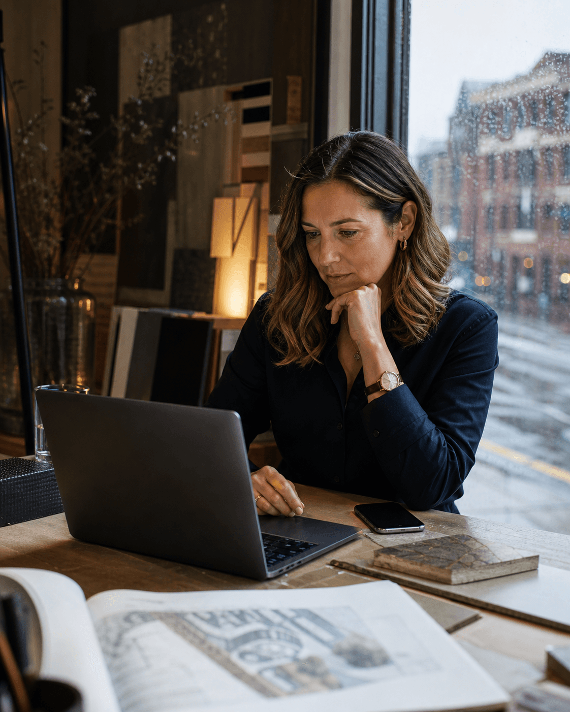 A business owner responding to a customer message from her studio
